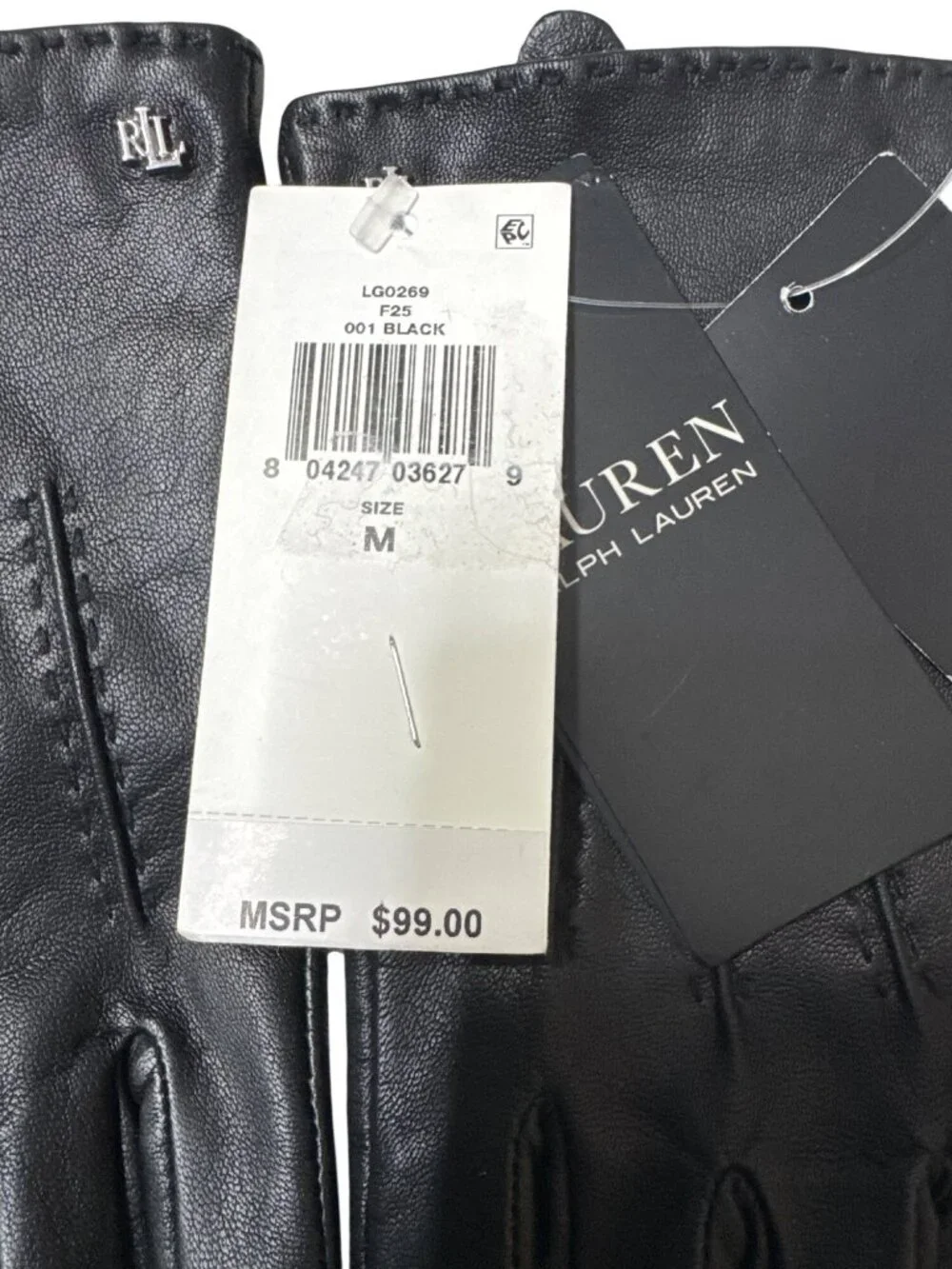 NWT Lauren Ralph Lauren Leather Stitched Gloves Black Size Medium